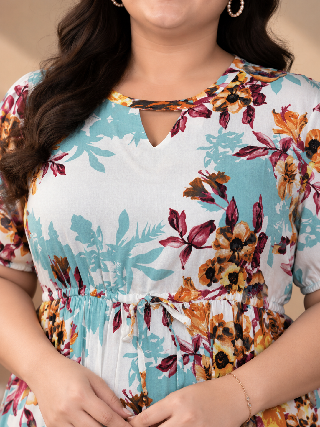 U&F Beyond Plus Size Women Light Blue Floral Printed Cotton Midi Dress