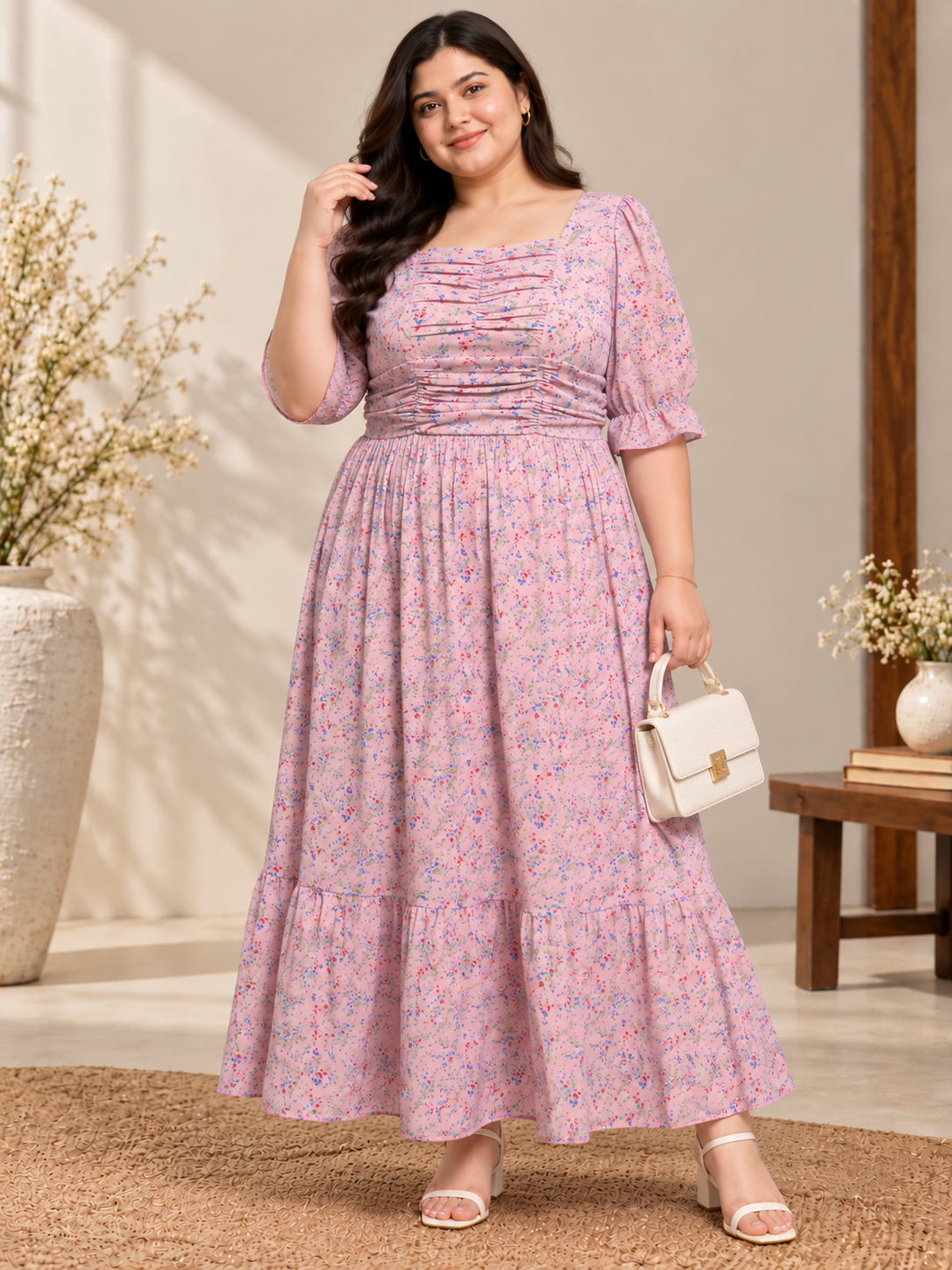 U&F Beyond Women Plus Size Georgette Pink Floral Printed Square Neck Tiered Maxi Dress