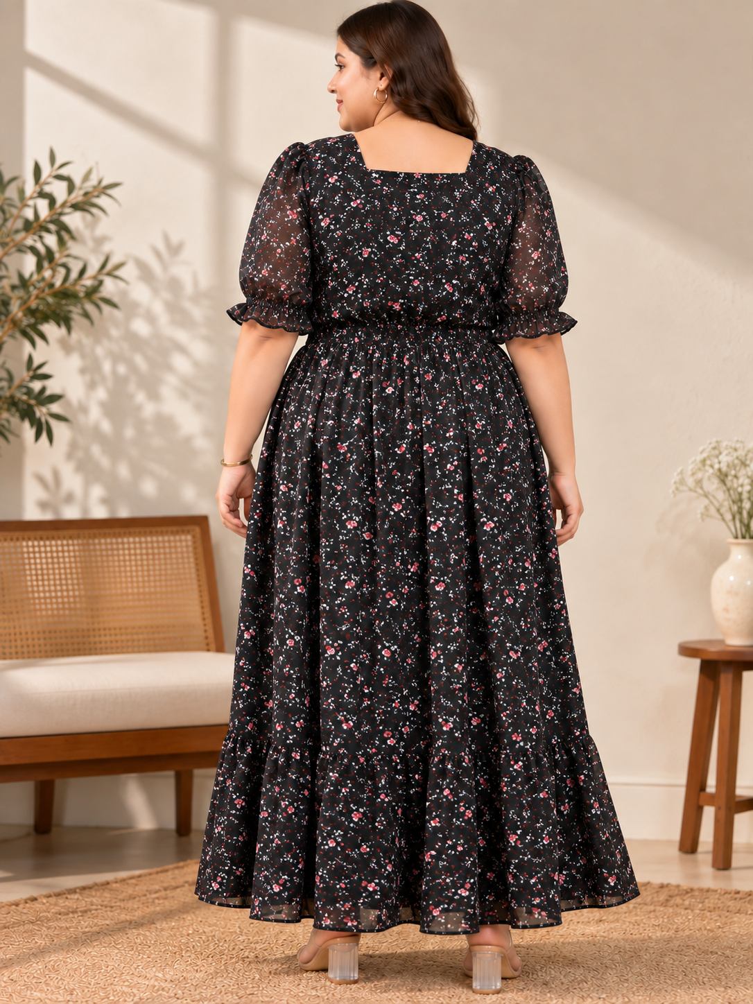 U&F Beyond Women Plus Size Georgette Black Floral Printed Square Neck Tiered Maxi Dress