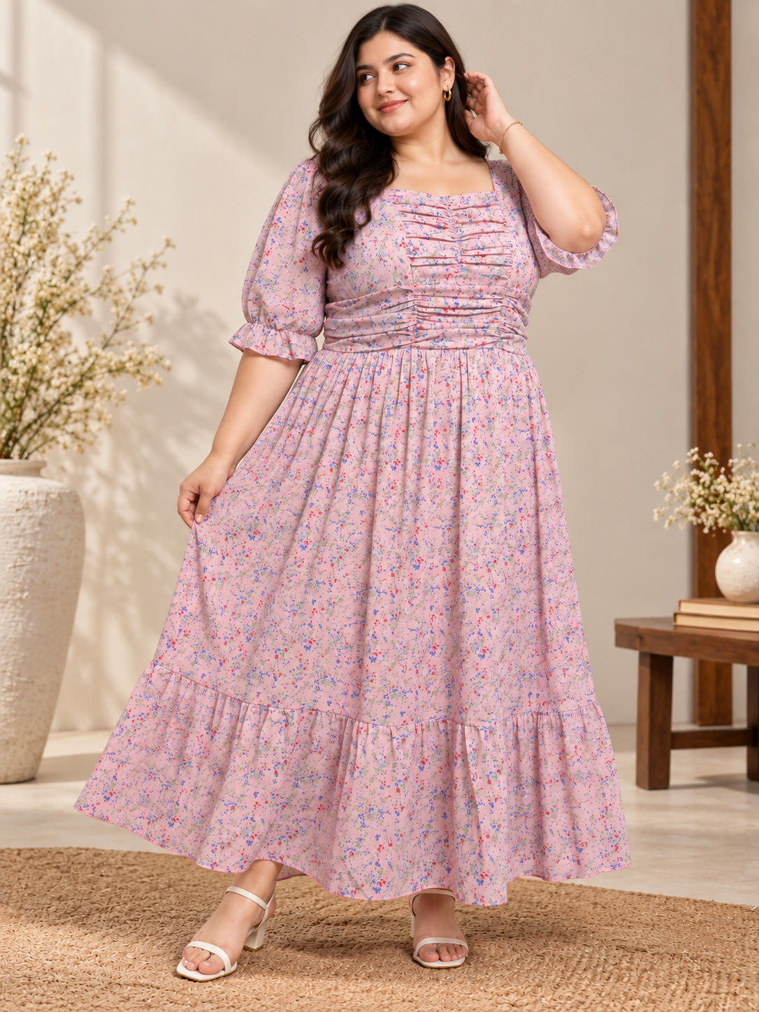 U&F Beyond Women Plus Size Georgette Pink Floral Printed Square Neck Tiered Maxi Dress