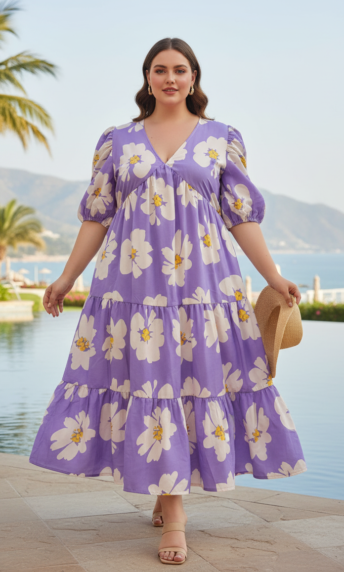 U&F Beyond Women Plus Size Floral Print Puff Sleeve Tiered A-Line Midi Dress