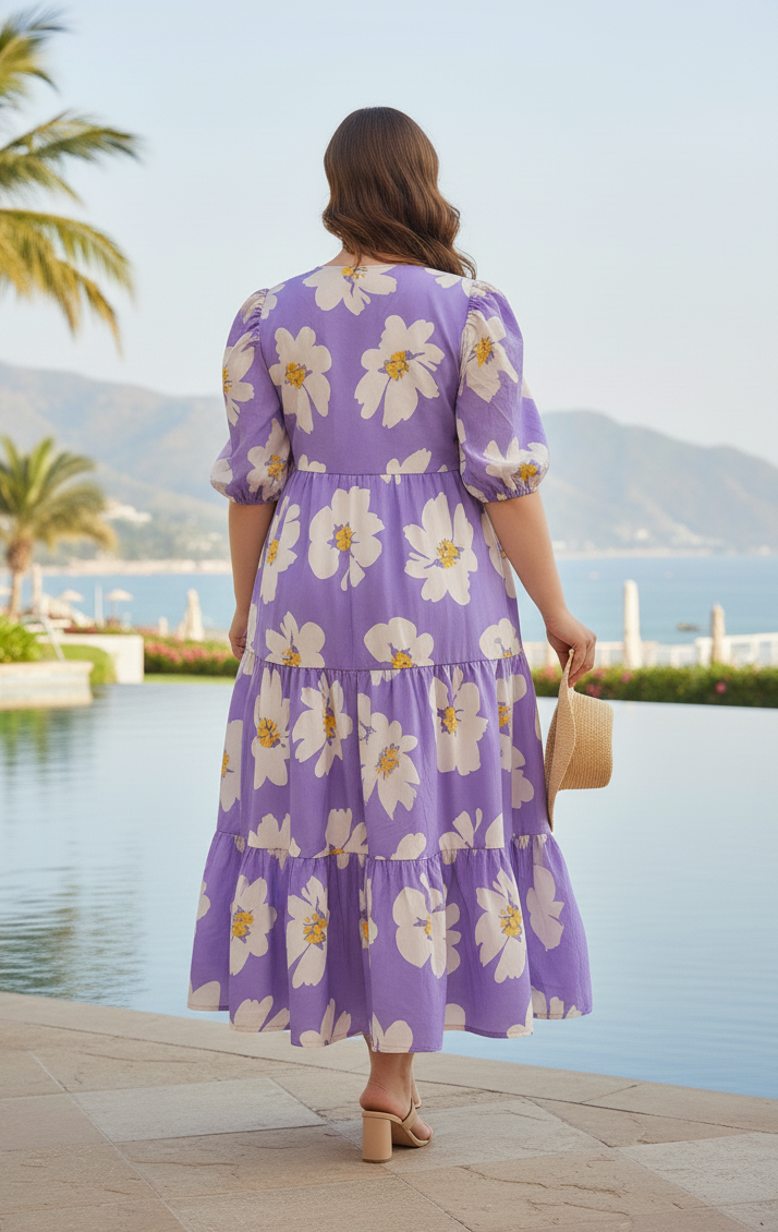 U&F Beyond Women Plus Size Floral Print Puff Sleeve Tiered A-Line Midi Dress