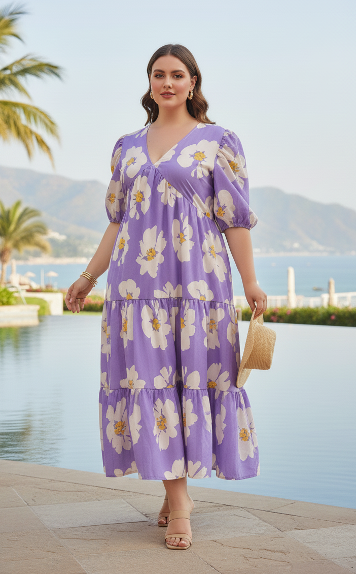 U&F Beyond Women Plus Size Floral Print Puff Sleeve Tiered A-Line Midi Dress