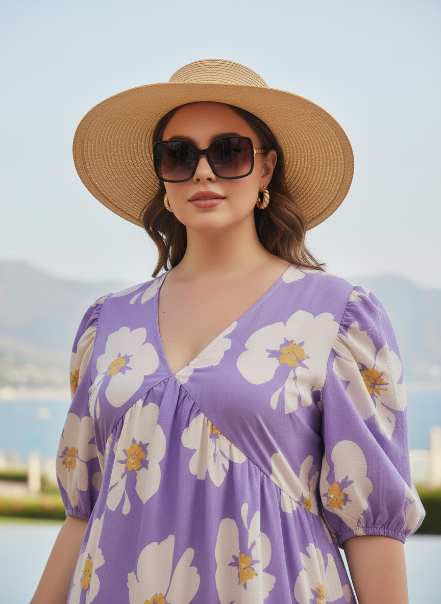 U&F Beyond Women Plus Size Floral Print Puff Sleeve Tiered A-Line Midi Dress