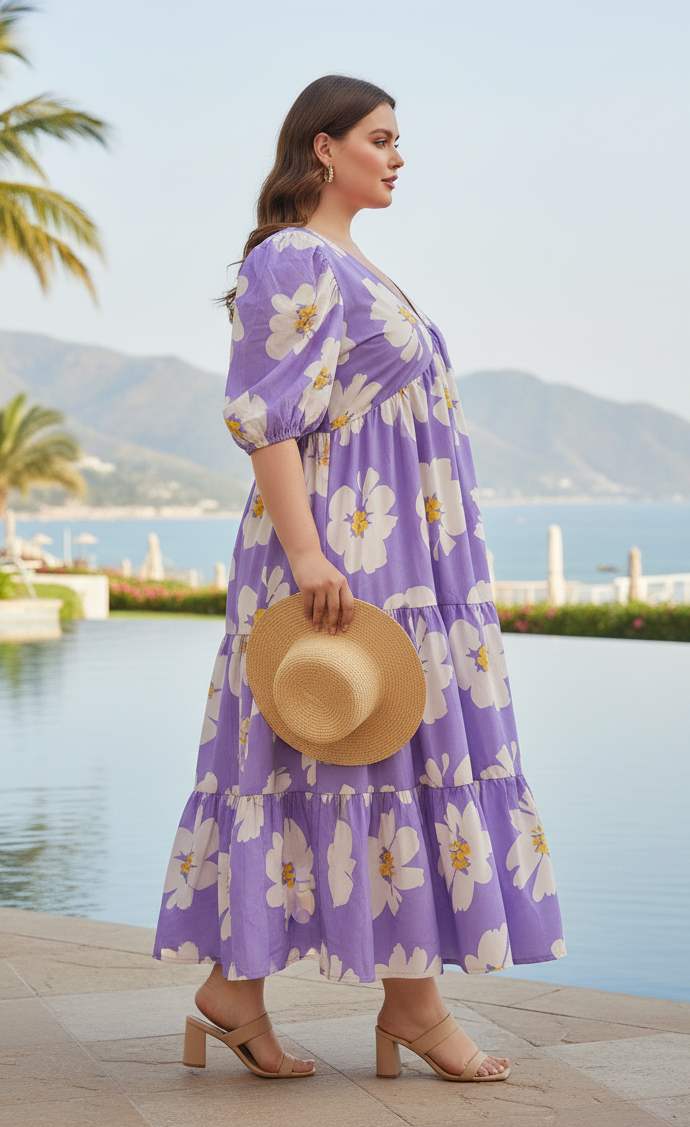 U&F Beyond Women Plus Size Floral Print Puff Sleeve Tiered A-Line Midi Dress