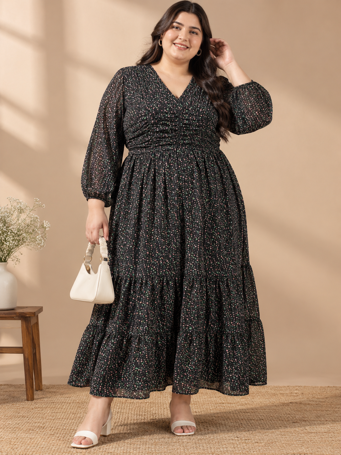 U&F Beyond Georgette Black Multicolour Floral Print Plus Size Tiered Maxi Dress