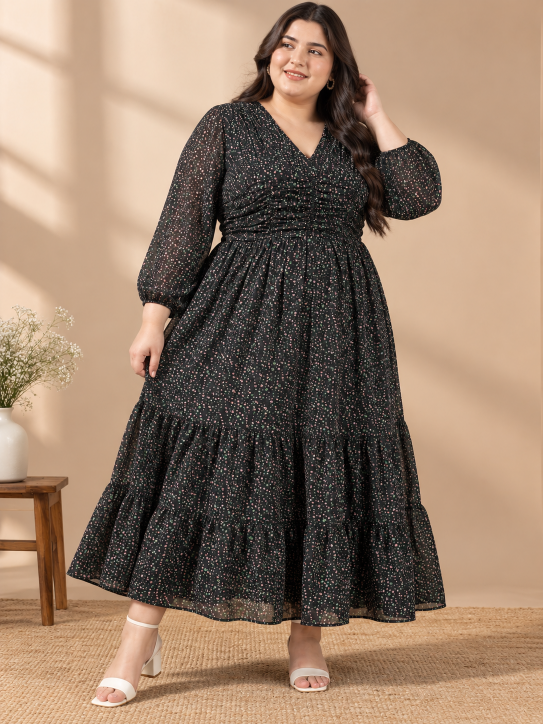 U&F Beyond Georgette Black Multicolour Floral Print Plus Size Tiered Maxi Dress