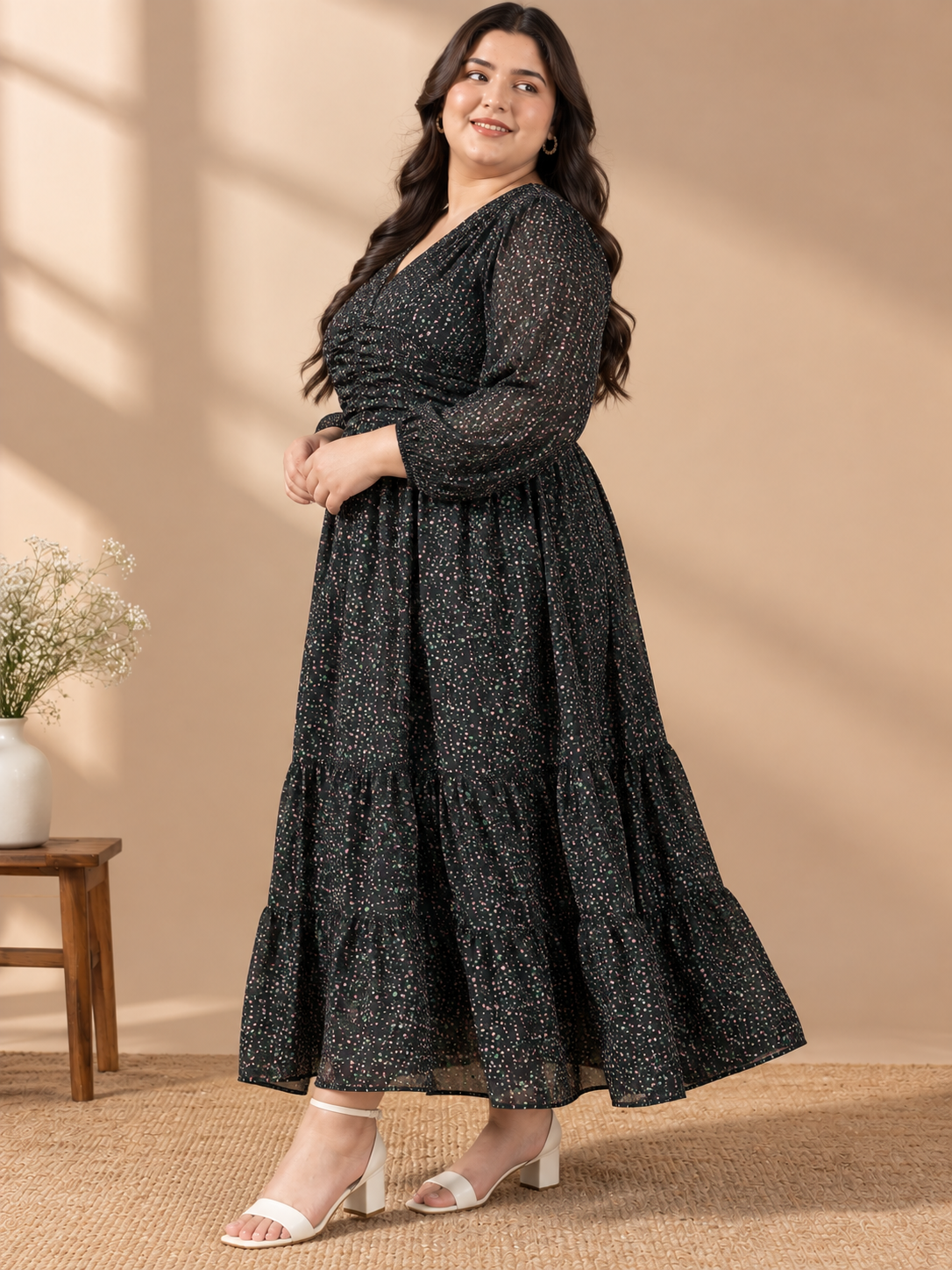 U&F Beyond Georgette Black Multicolour Floral Print Plus Size Tiered Maxi Dress
