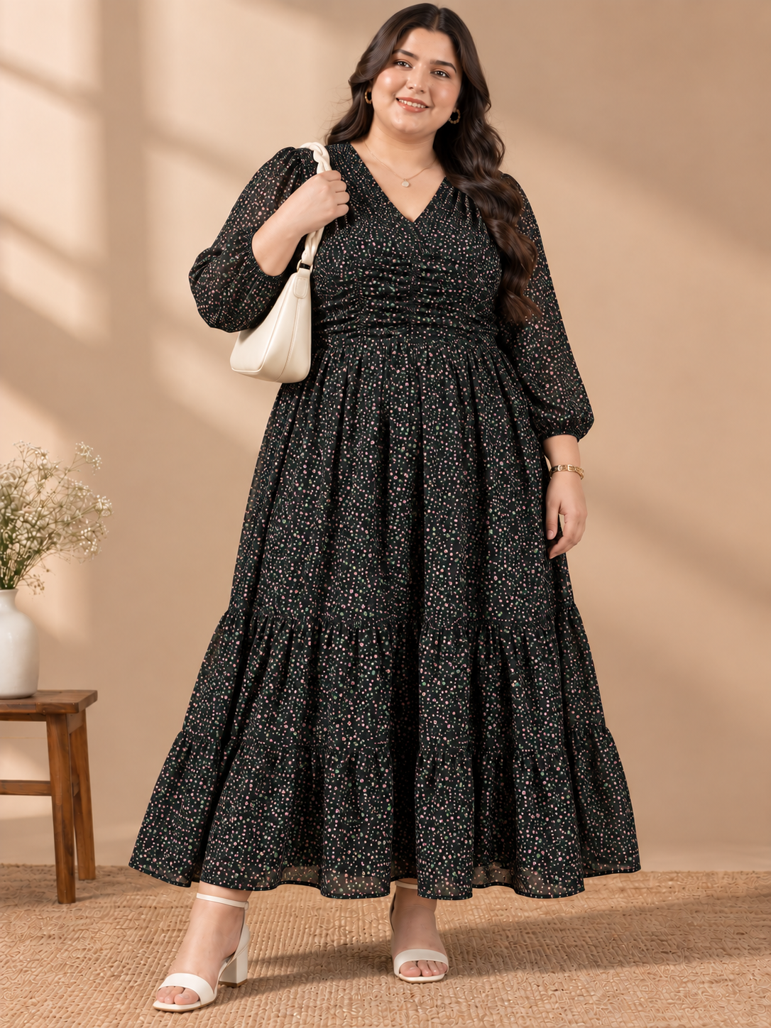 U&F Beyond Georgette Black Multicolour Floral Print Plus Size Tiered Maxi Dress