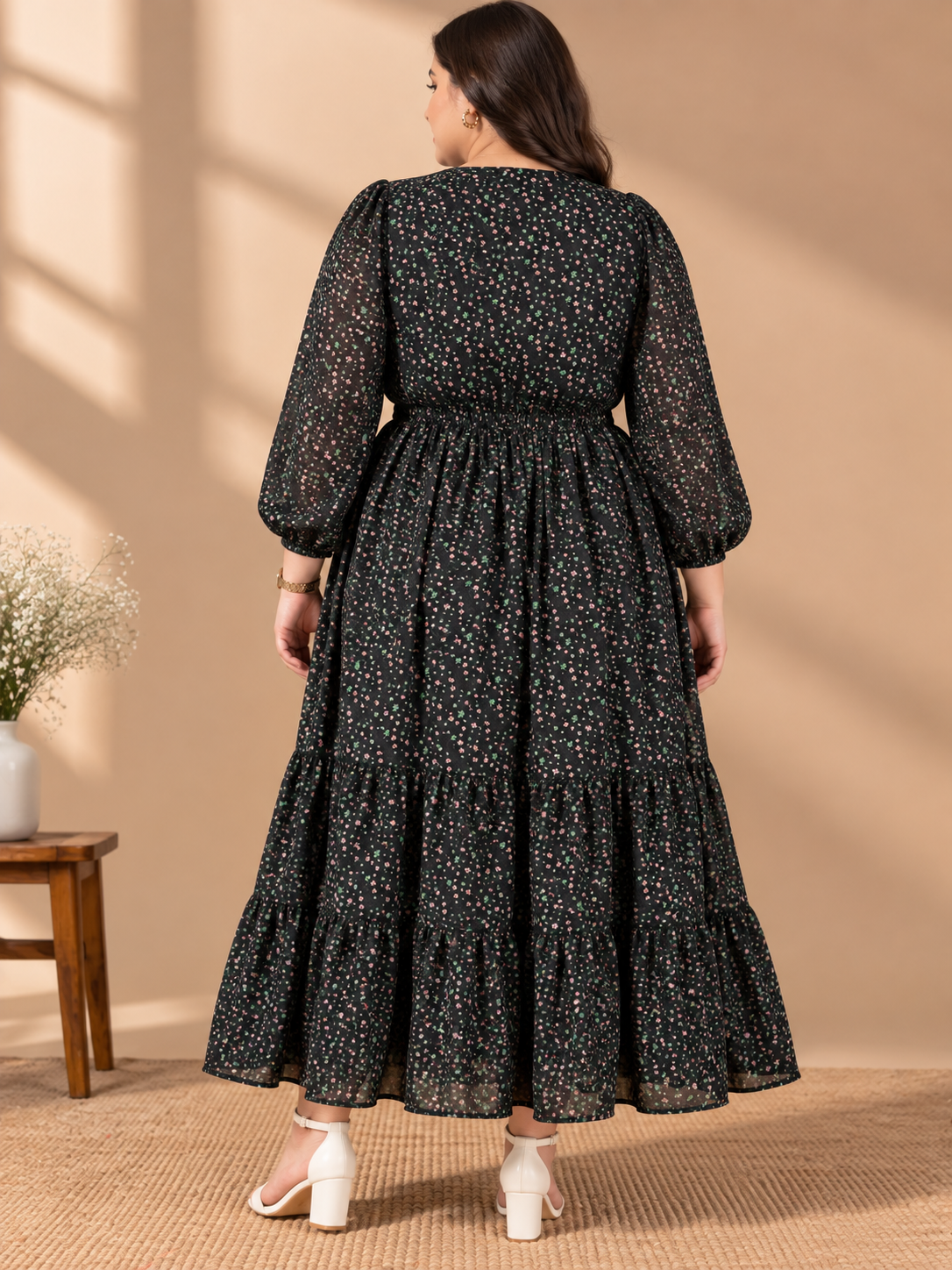 U&F Beyond Georgette Black Multicolour Floral Print Plus Size Tiered Maxi Dress