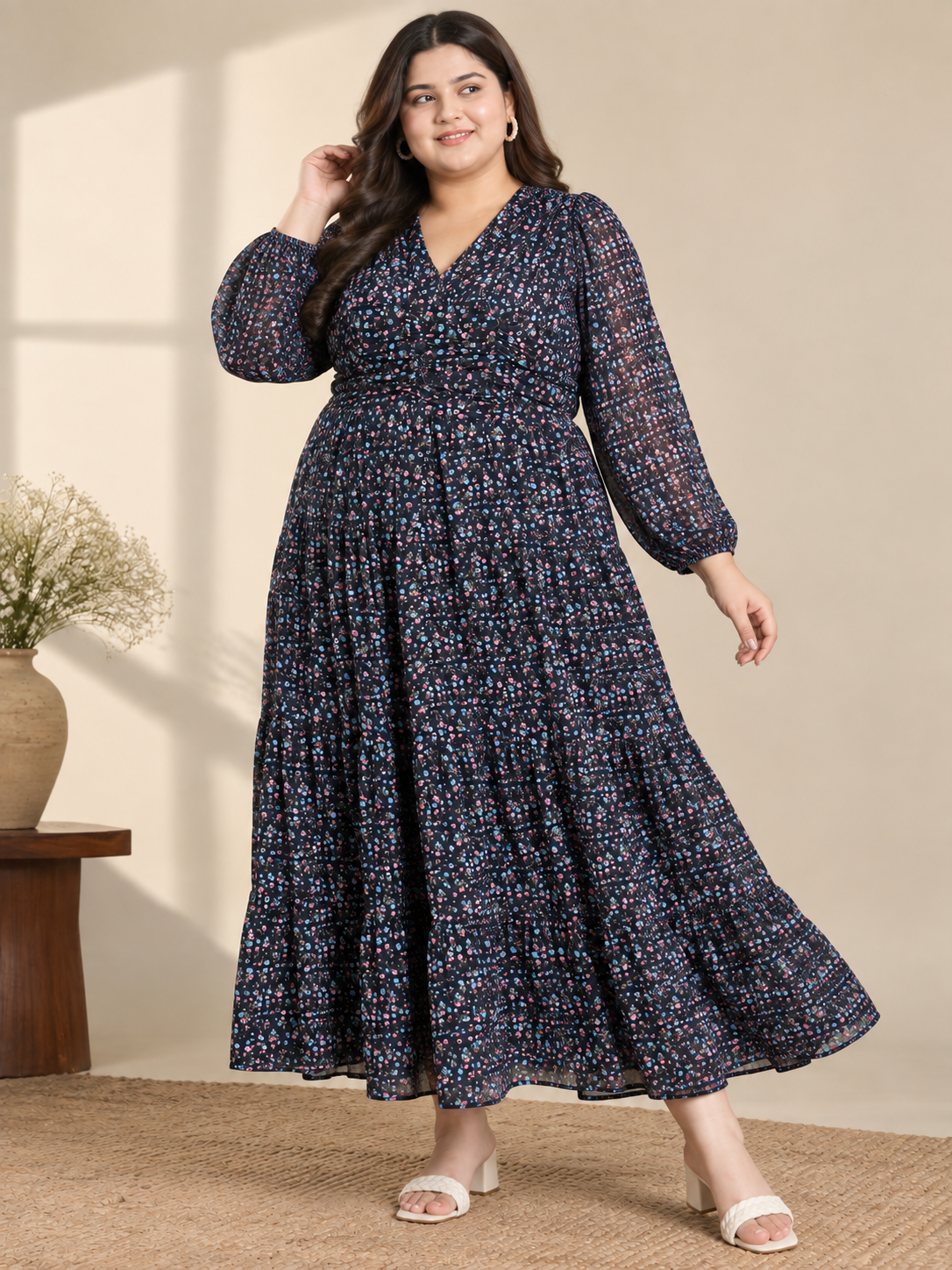 U&F Beyond Navy Blue Floral Print Plus Size Tiered Maxi Dress