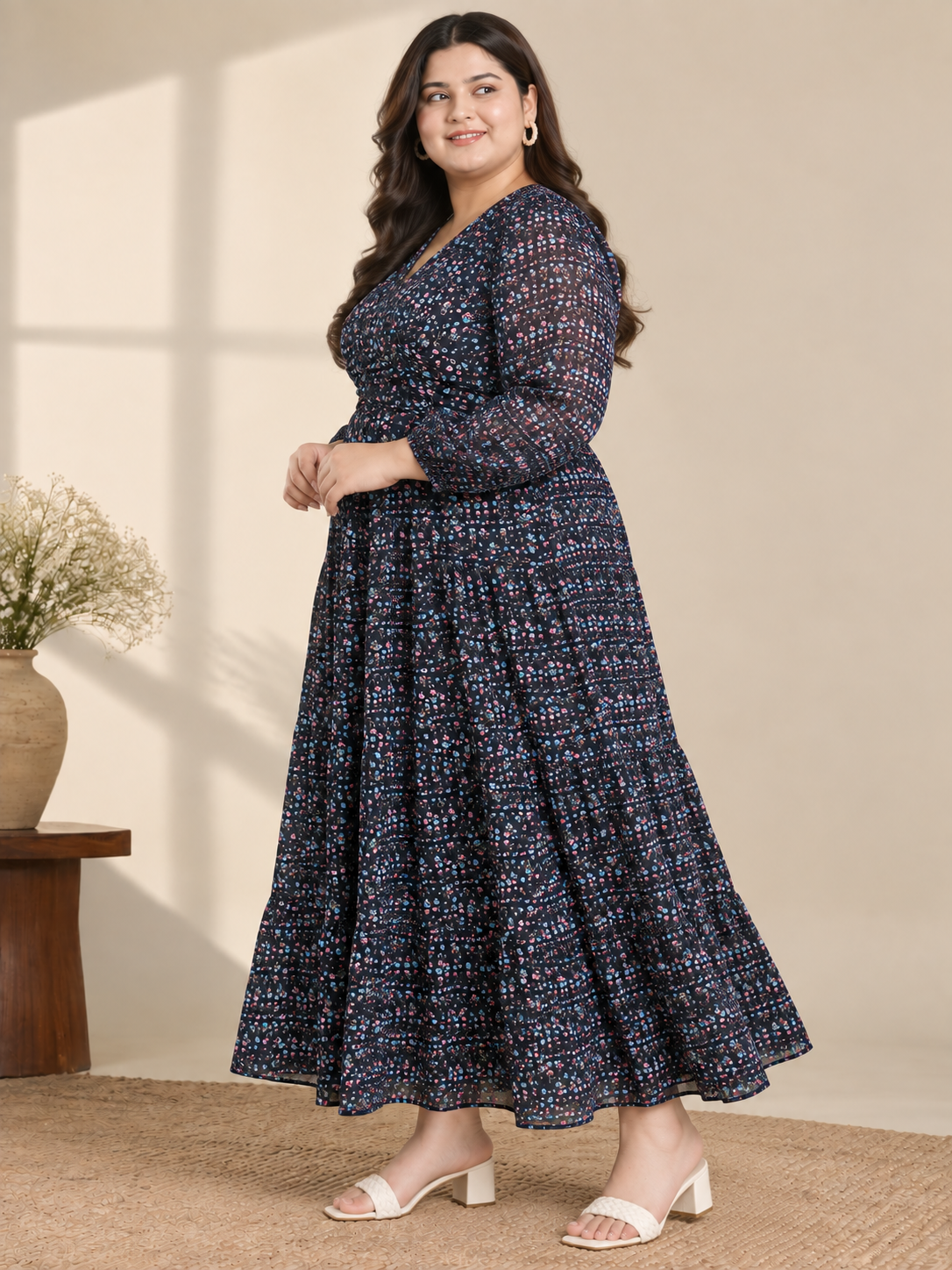 U&F Beyond Navy Blue Floral Print Plus Size Tiered Maxi Dress