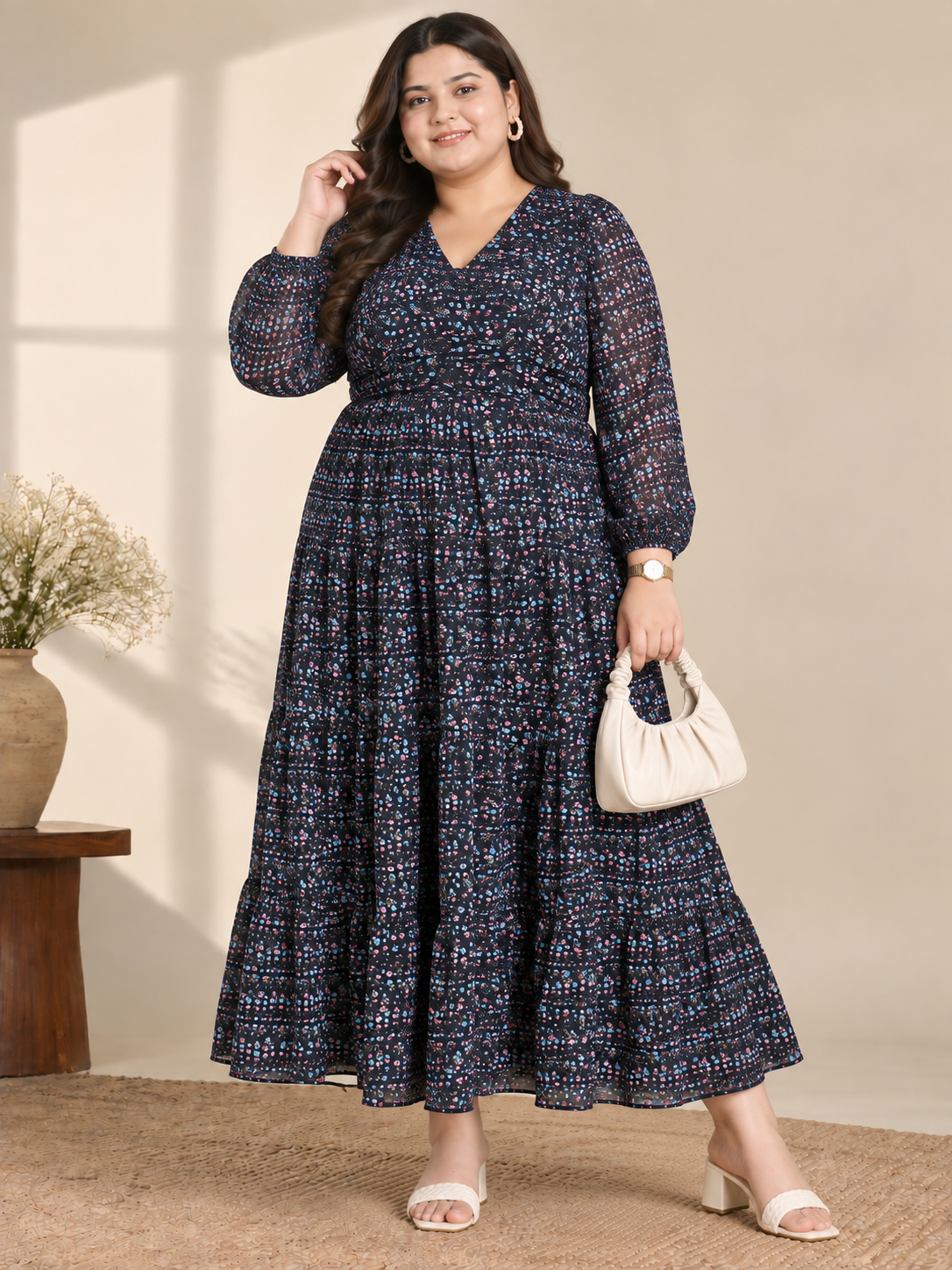 U&F Beyond Navy Blue Floral Print Plus Size Tiered Maxi Dress