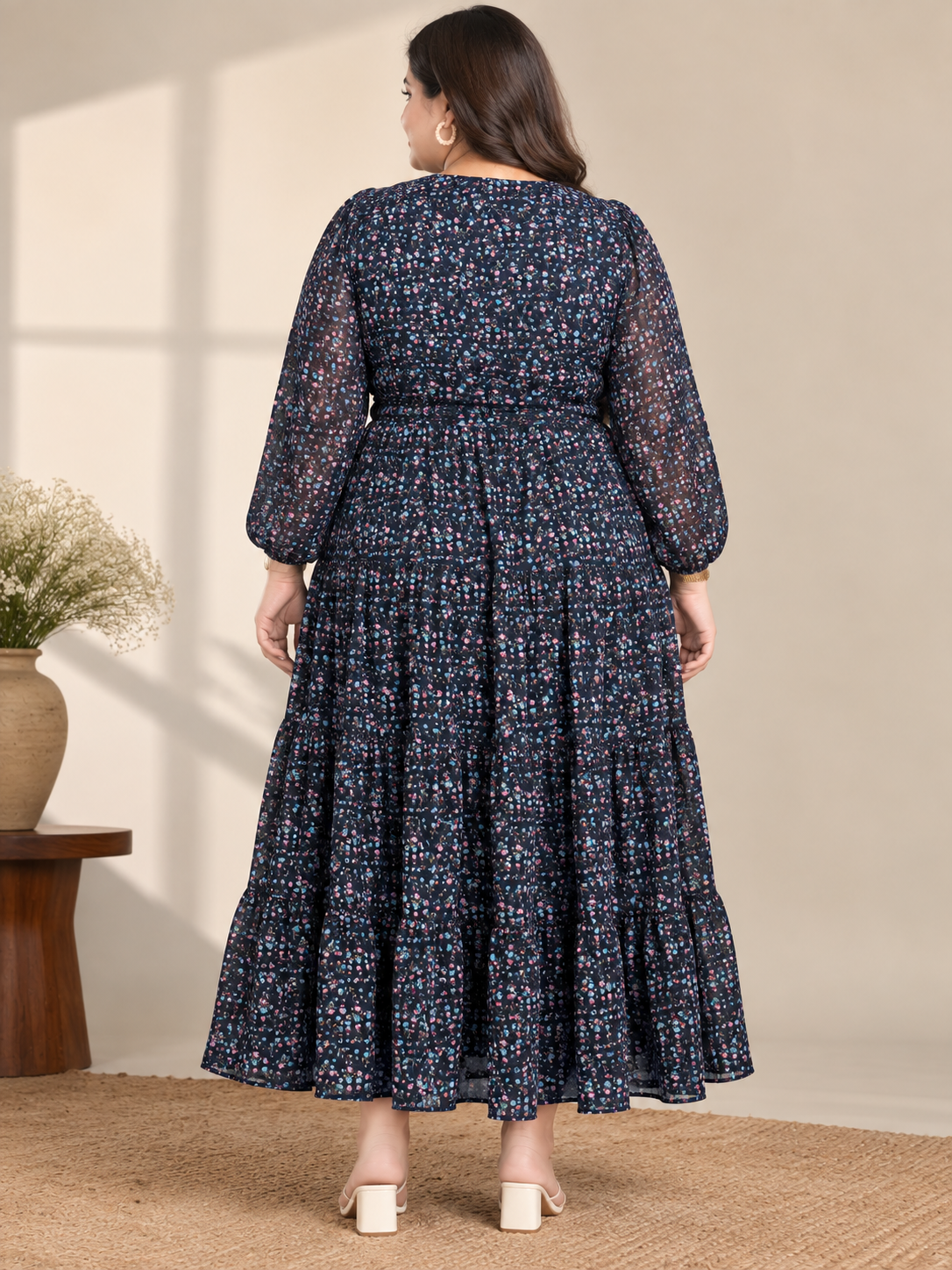 U&F Beyond Navy Blue Floral Print Plus Size Tiered Maxi Dress