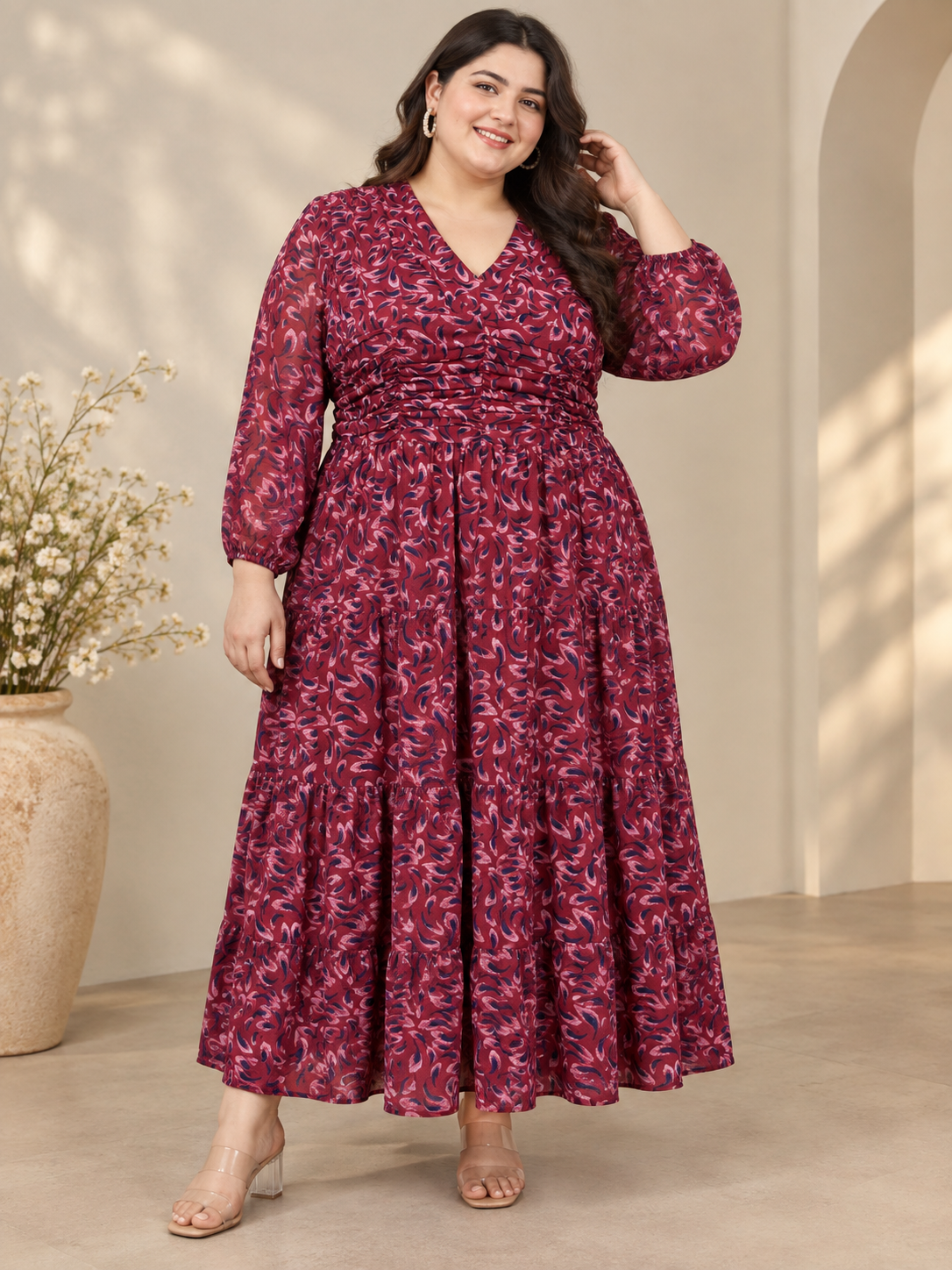 U&F Beyond Maroon Abstract Print Plus Size Tiered Midi Dress