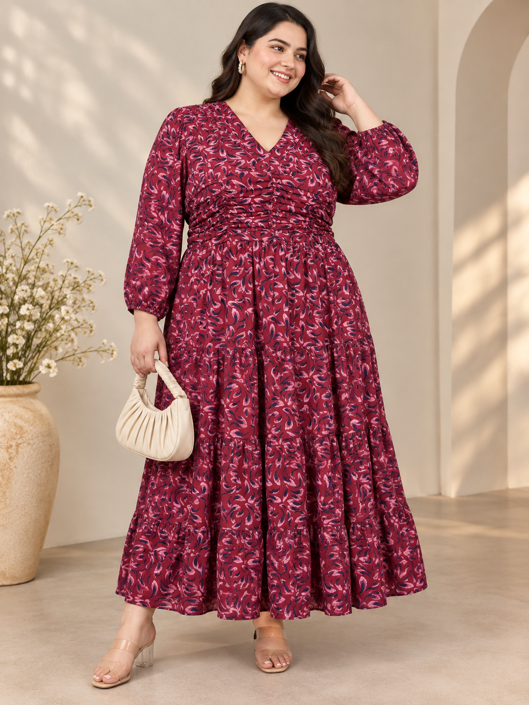 U&F Beyond Maroon Abstract Print Plus Size Tiered Midi Dress