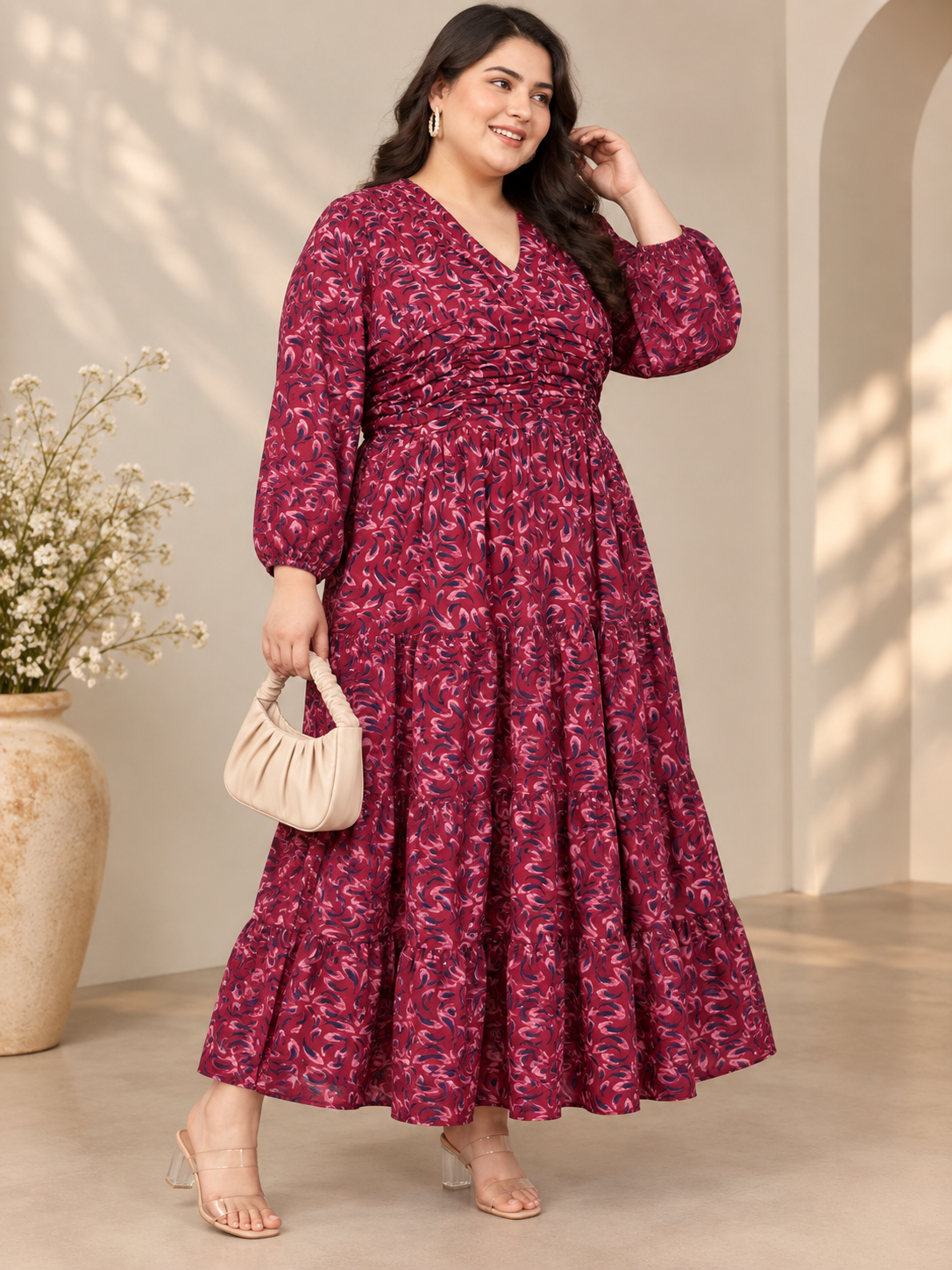 U&F Beyond Maroon Abstract Print Plus Size Tiered Midi Dress