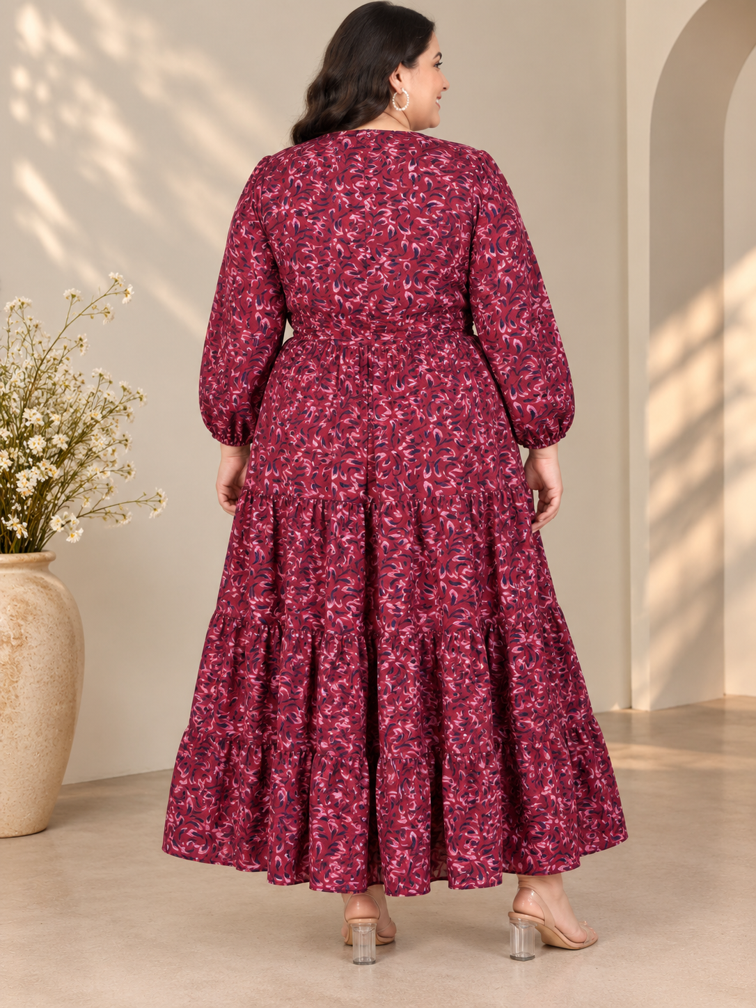 U&F Beyond Maroon Abstract Print Plus Size Tiered Midi Dress
