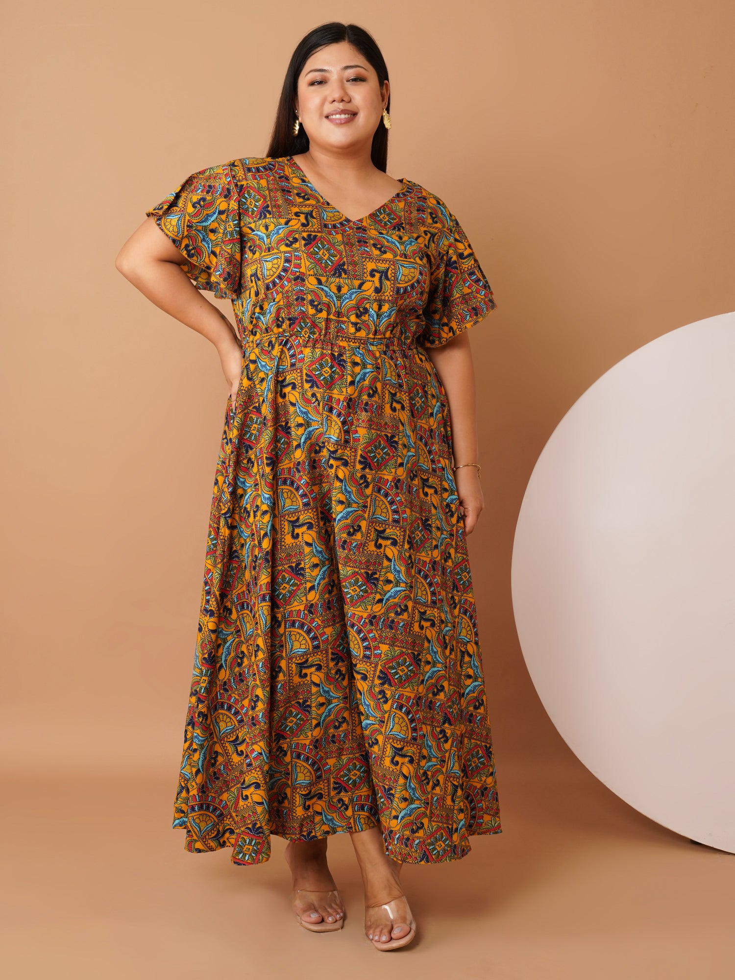 U&F Beyond Mustard Multicolor Printed Cotton Maxi Dress