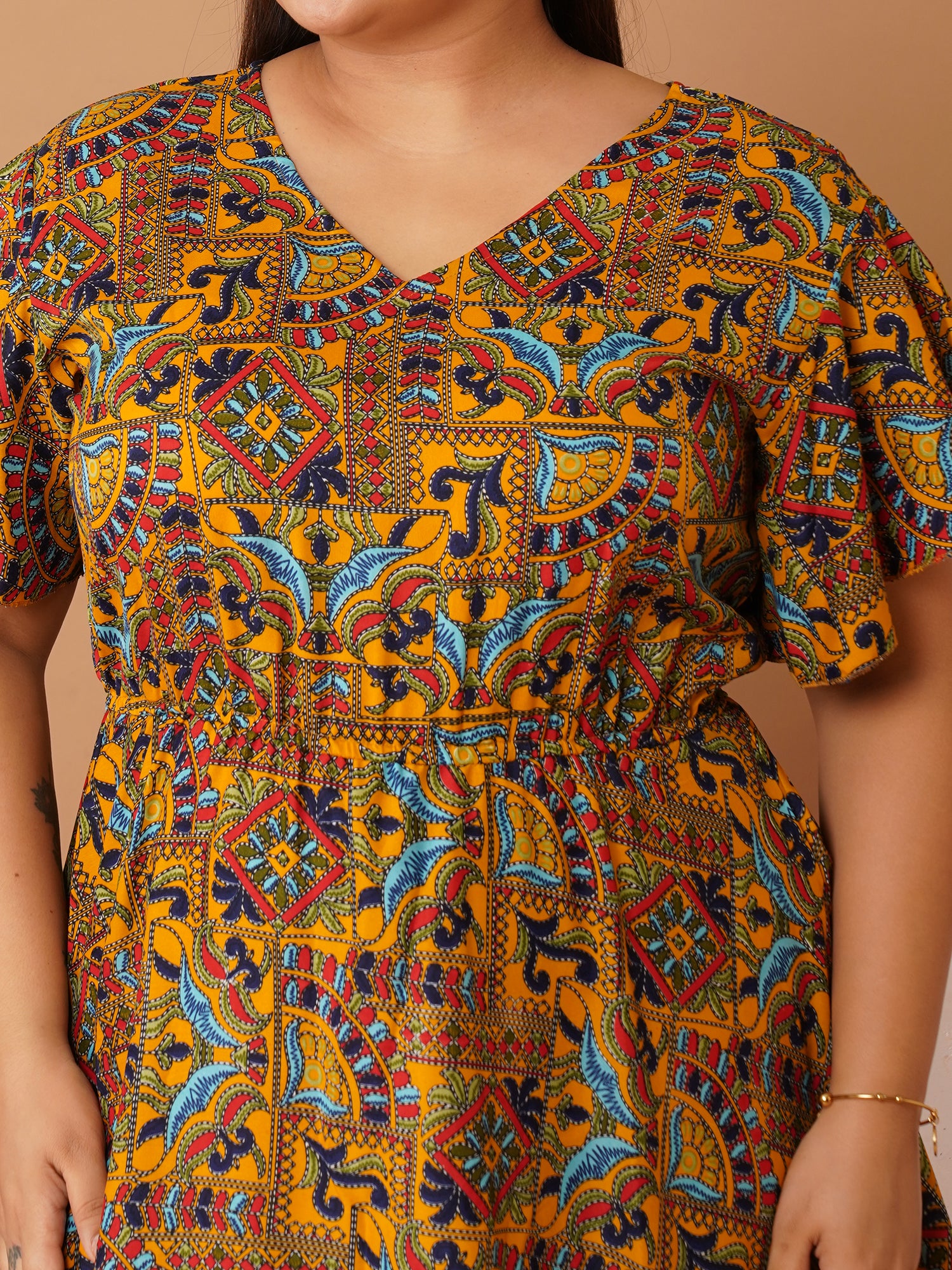 U&F Beyond Mustard Multicolor Printed Cotton Maxi Dress