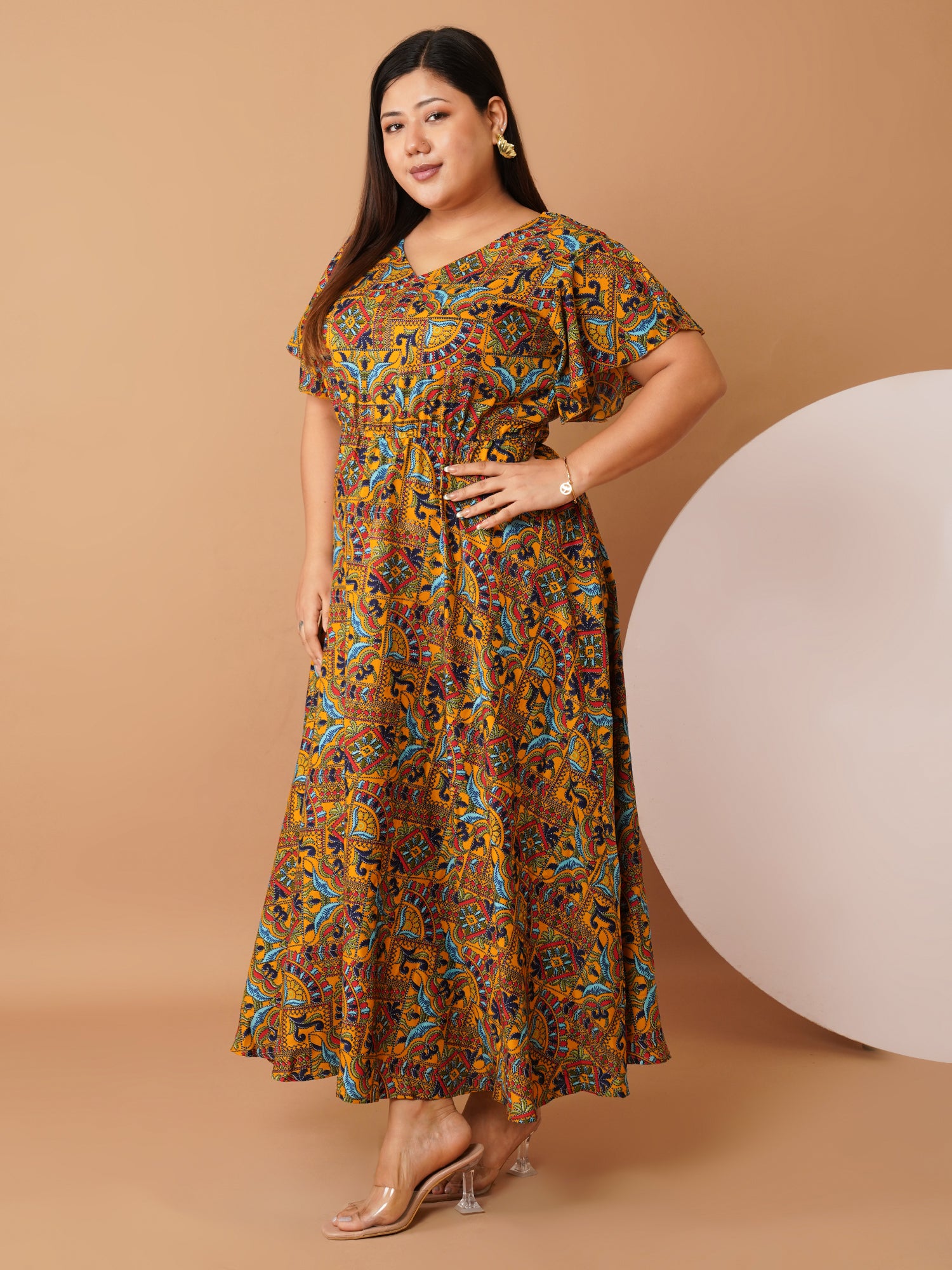 U&F Beyond Mustard Multicolor Printed Cotton Maxi Dress