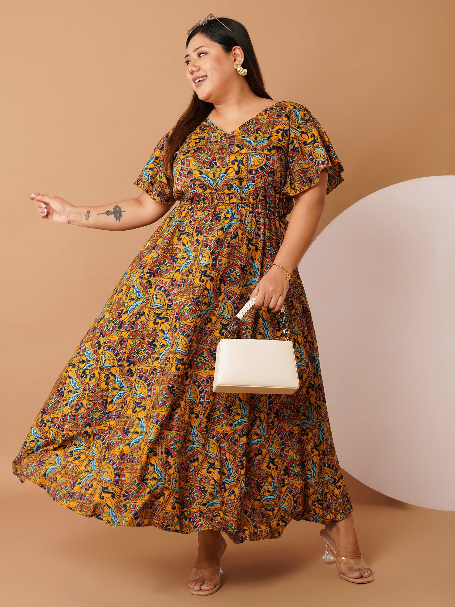 U&F Beyond Mustard Multicolor Printed Cotton Maxi Dress