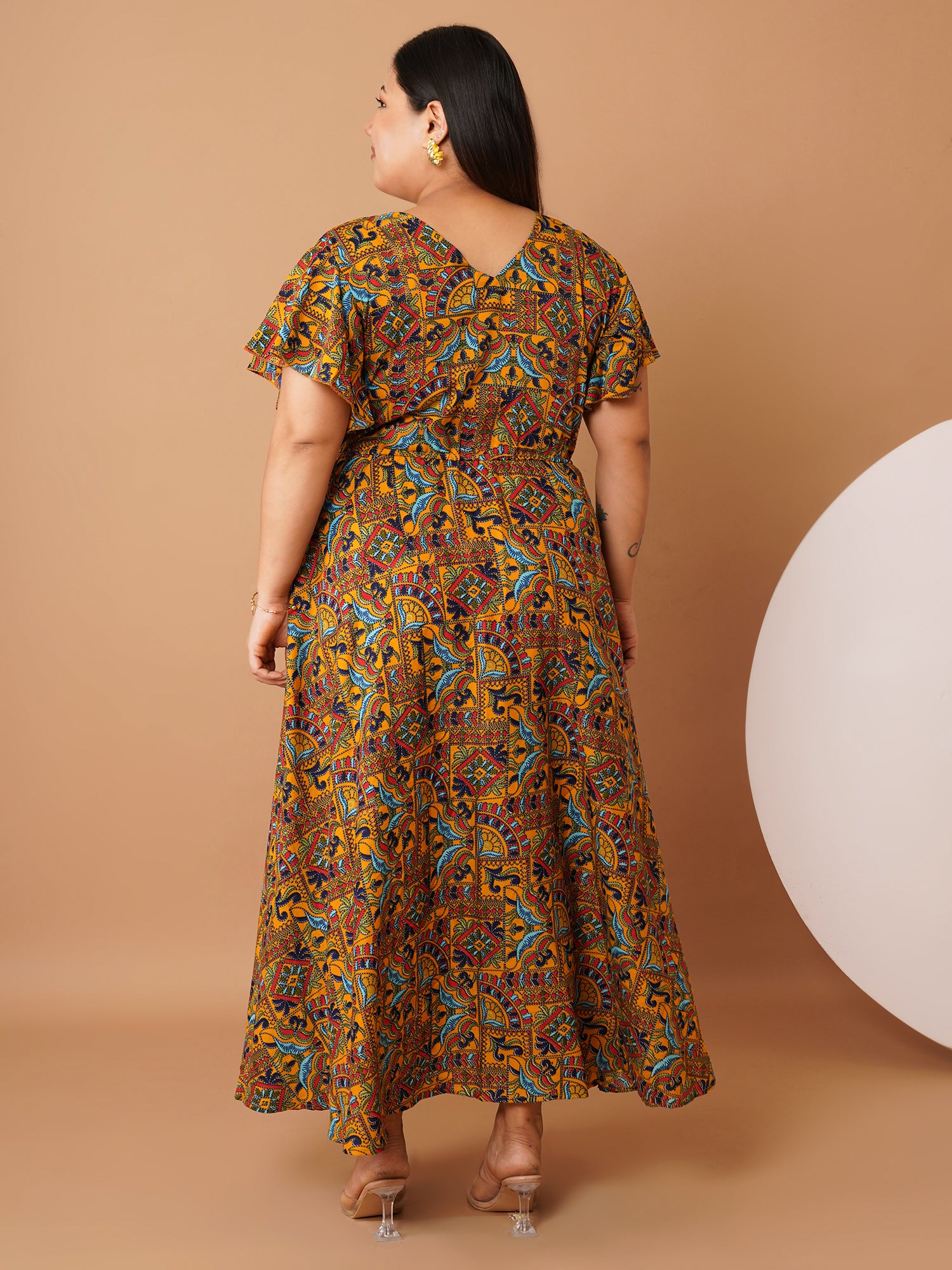 U&F Beyond Mustard Multicolor Printed Cotton Maxi Dress