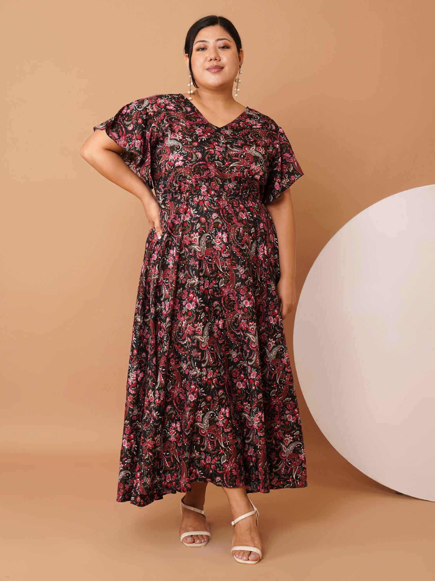 U&F Beyond Plus Size Black Paisley Printed Cotton Maxi Dress | V-Neck, Flutter Sleeves, Tie-Waist