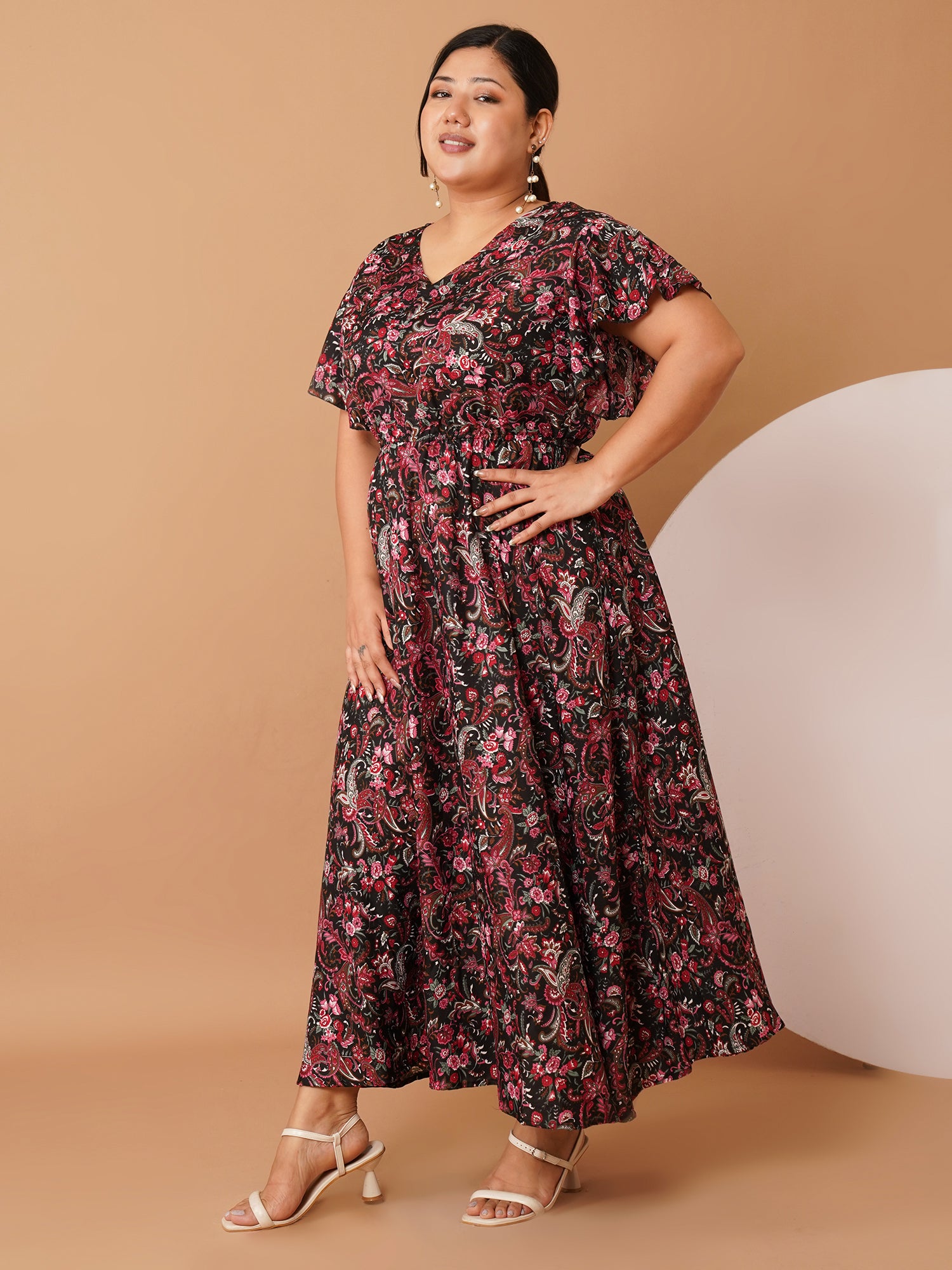 U&F Beyond Plus Size Black Paisley Printed Cotton Maxi Dress | V-Neck, Flutter Sleeves, Tie-Waist