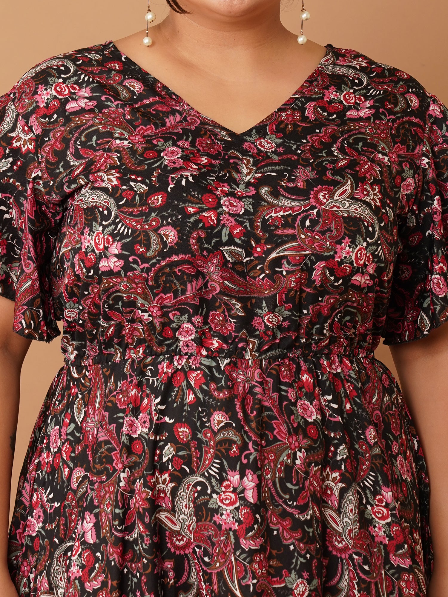 U&F Beyond Plus Size Black Paisley Printed Cotton Maxi Dress | V-Neck, Flutter Sleeves, Tie-Waist