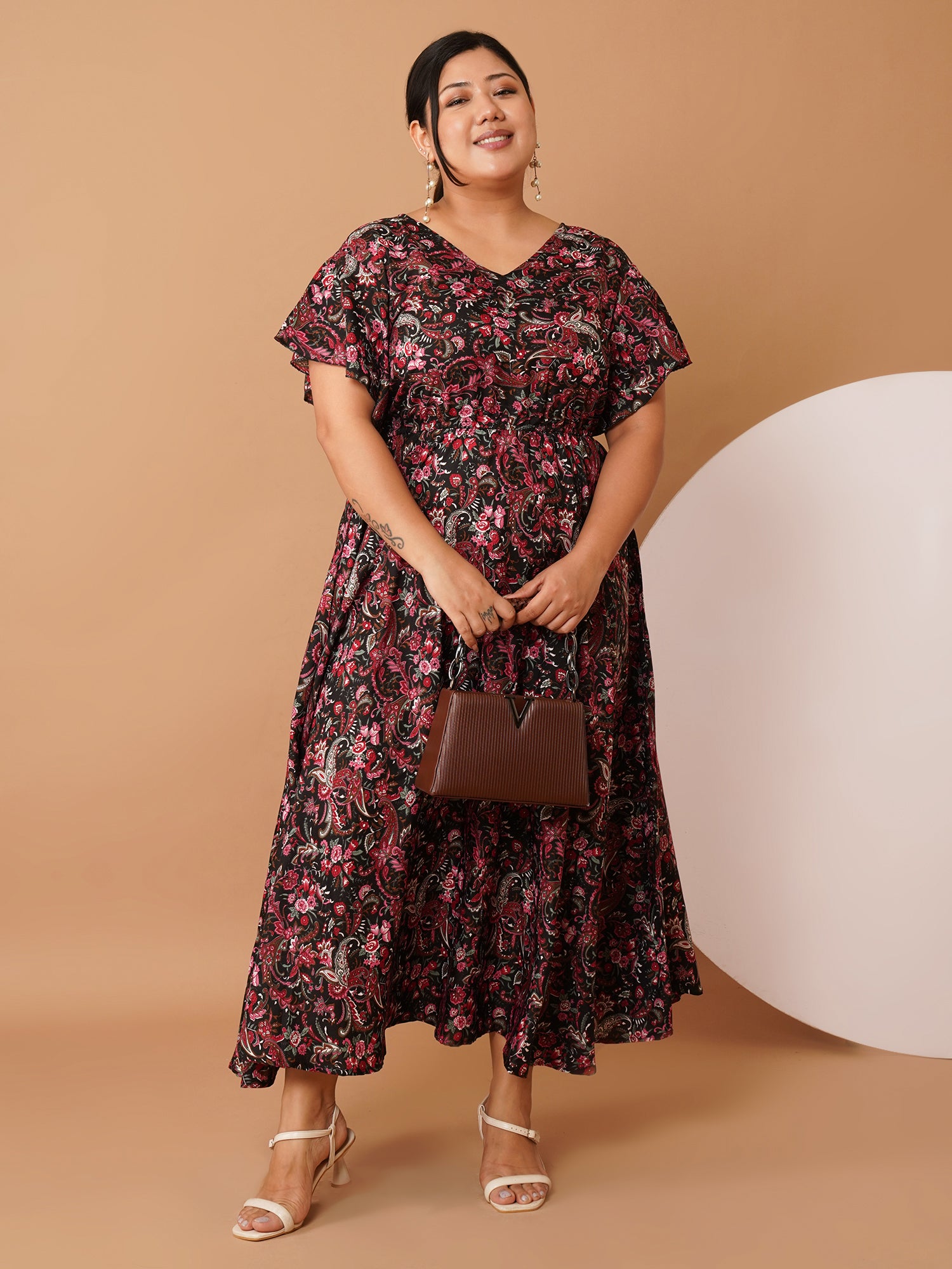 U&F Beyond Plus Size Black Paisley Printed Cotton Maxi Dress | V-Neck, Flutter Sleeves, Tie-Waist