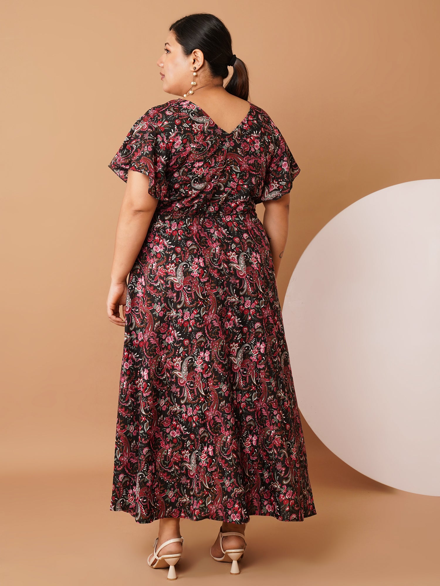 U&F Beyond Plus Size Black Paisley Printed Cotton Maxi Dress | V-Neck, Flutter Sleeves, Tie-Waist
