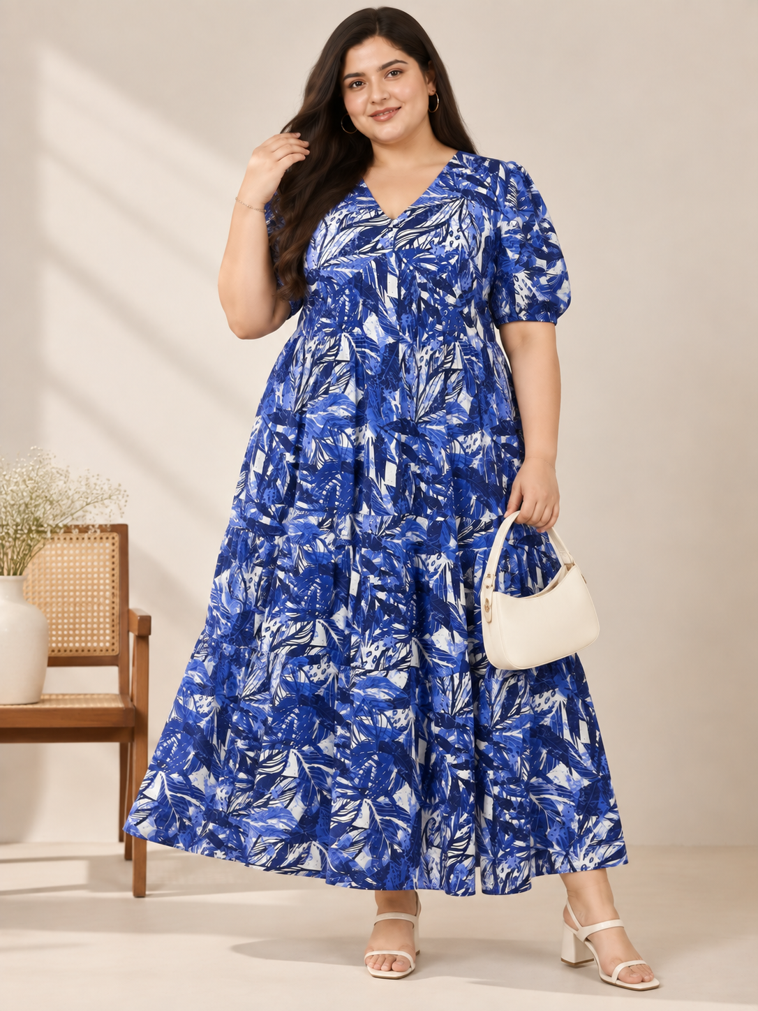 U&F Beyond Plus Size Cotton Navy Blue Abstract Leaf Print Tiered Maxi Dress