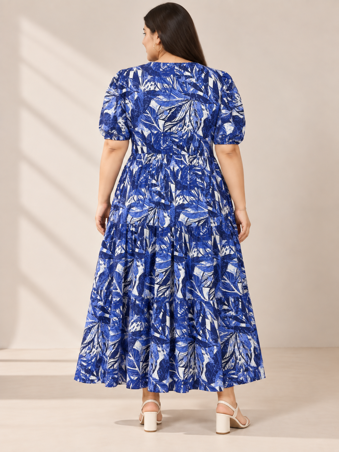 U&F Beyond Plus Size Cotton Navy Blue Abstract Leaf Print Tiered Maxi Dress