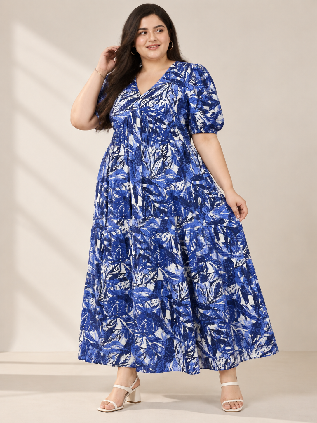 U&F Beyond Plus Size Cotton Navy Blue Abstract Leaf Print Tiered Maxi Dress