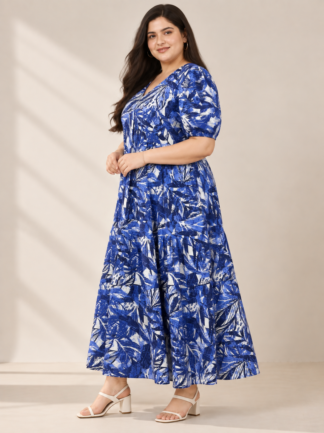 U&F Beyond Plus Size Cotton Navy Blue Abstract Leaf Print Tiered Maxi Dress