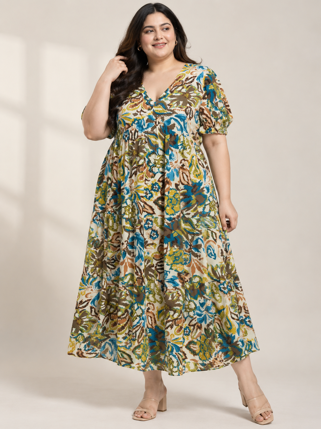 U&F Beyond Plus Size Multicolour Floral Print Plus Size Tiered Maxi Dress