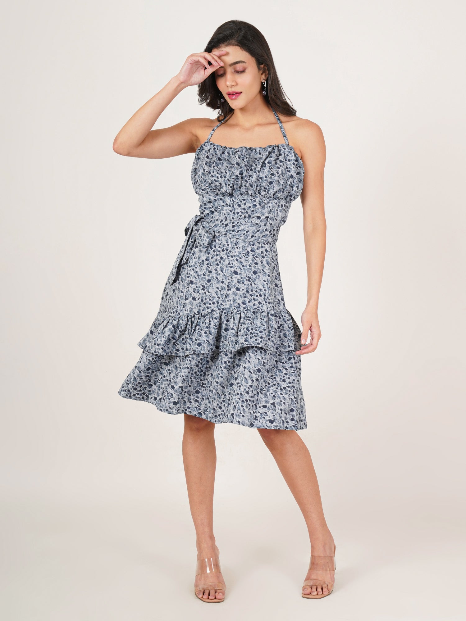 U&F Women Colourblocked Print Tie-Up Neck Crepe Fit & Flare Dress