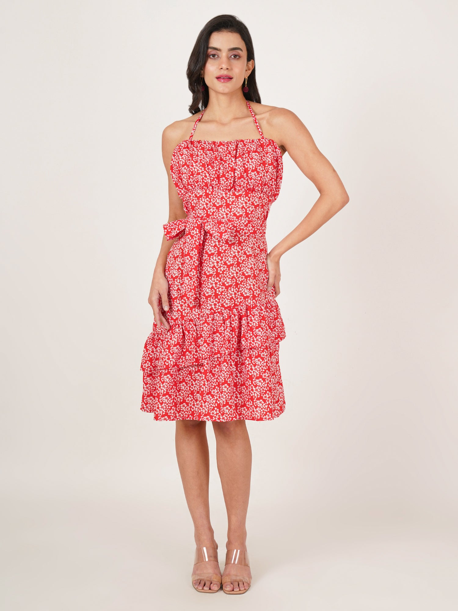U&F Women Floral Print Tie-Up Neck Crepe Fit & Flare Dress