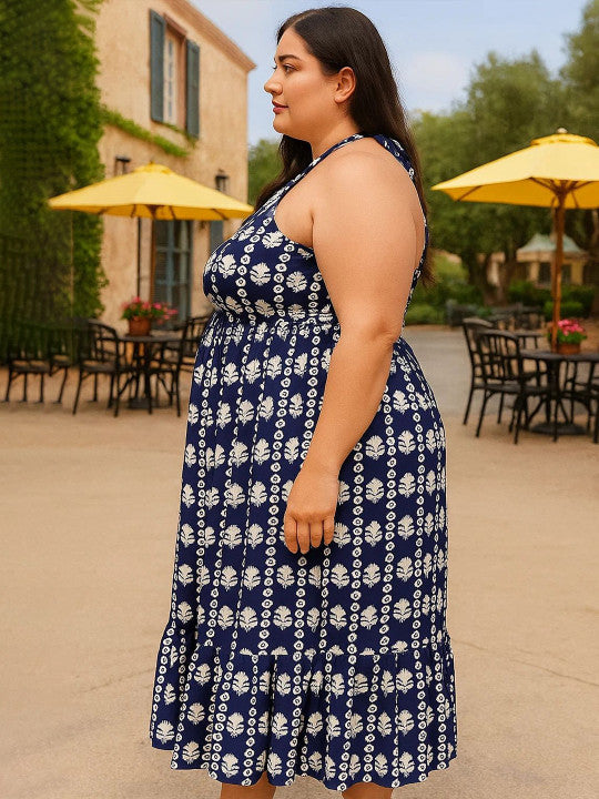 U&F Beyond Plus Size Navy Blue & White Printed Midi Dress with Shoulder Tie Straps & Flared Hem