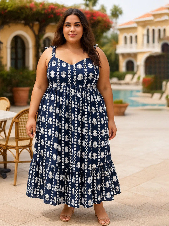 U&F Beyond Plus Size Navy Blue & White Printed Midi Dress with Shoulder Tie Straps & Flared Hem