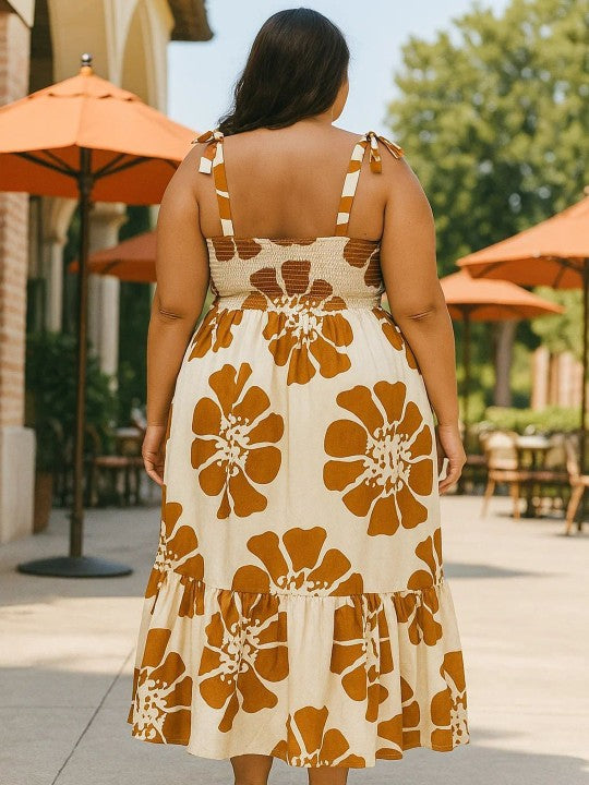 U&F Beyond Plus Size White & Brown Floral Print Midi Dress with Shoulder Tie Straps & Flounce Hem