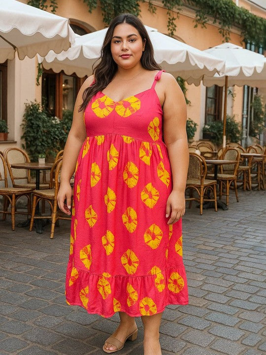 U&F Beyond Plus Size Red & Yellow Tie-Dye Print Midi Dress with Shoulder Tie Straps & Flounce Hem