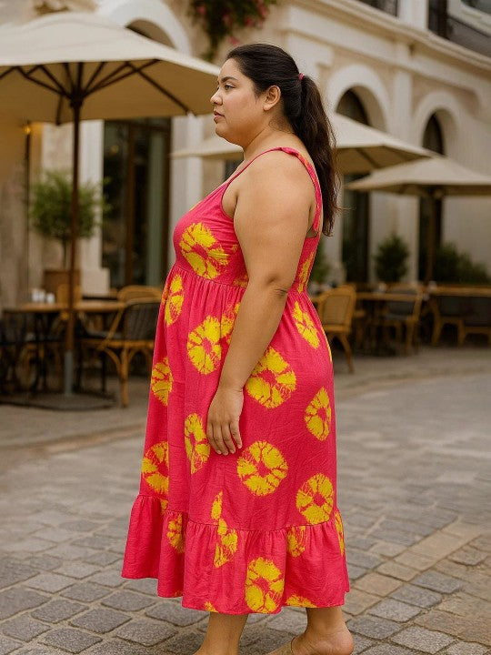 U&F Beyond Plus Size Red & Yellow Tie-Dye Print Midi Dress with Shoulder Tie Straps & Flounce Hem