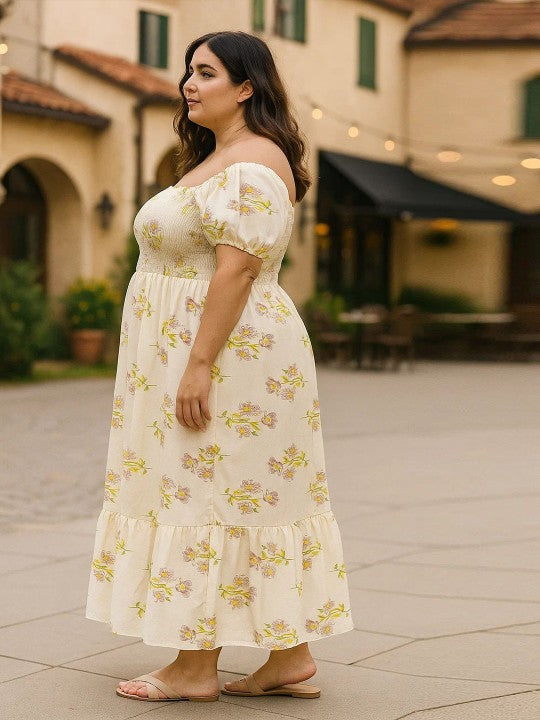 U&F Beyond Women Plus Size Off White Floral Print Smoked Empire Puff Sleeve Crepe Maxi Dress