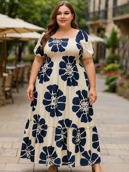 U&F Beyond Beige Floral Print Plus Size Puff Sleeve Crepe Maxi Dress