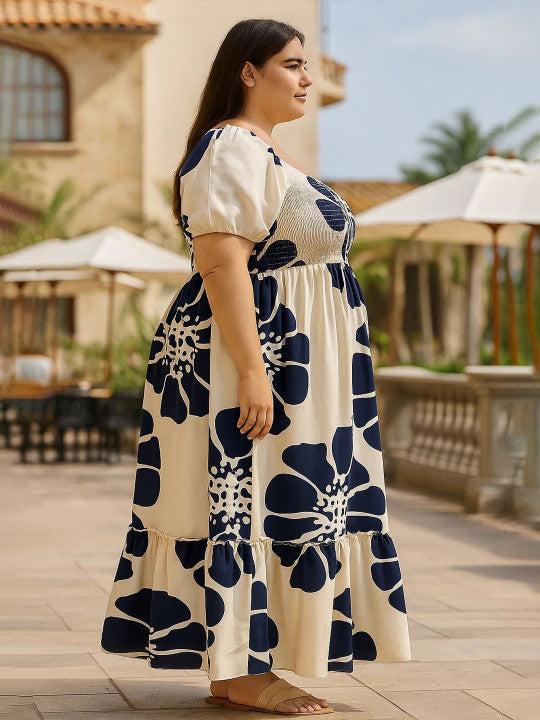 U&F Beyond Beige Floral Print Plus Size Puff Sleeve Crepe Maxi Dress