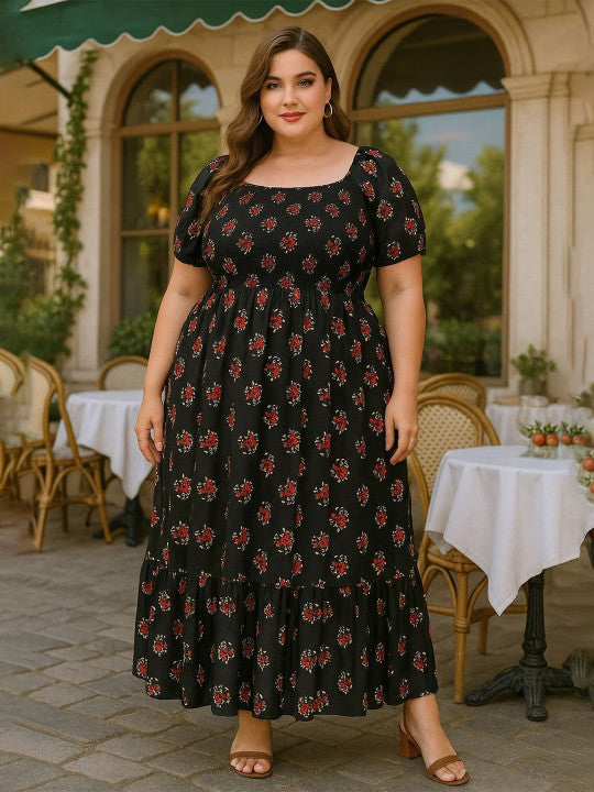 U&F Beyond Women Black Floral Printed Smocked Puff Sleeve Crepe Maxi Dress Size