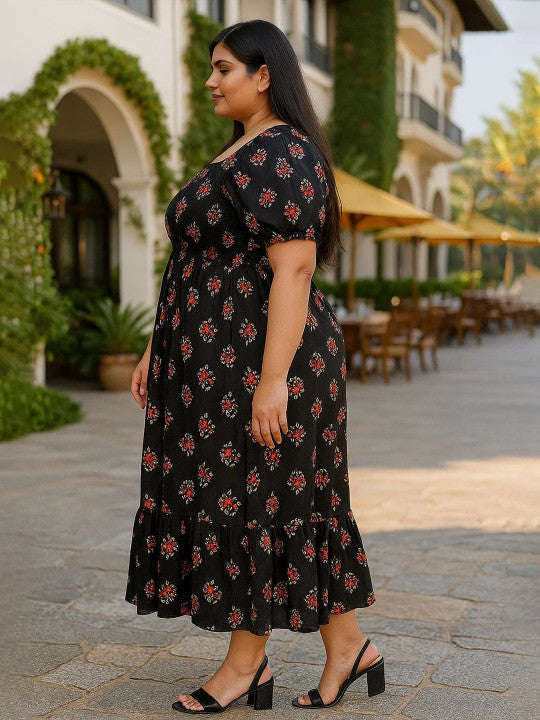 U&F Beyond Women Black Floral Printed Smocked Puff Sleeve Crepe Maxi Dress Size