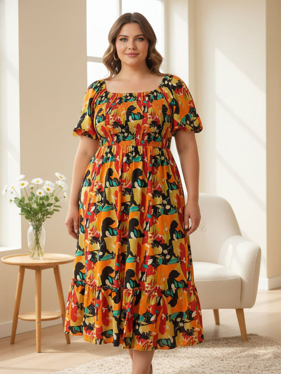 U&F Beyond Multicolor Abstract Print Puff Sleeve A-Line Midi Dress